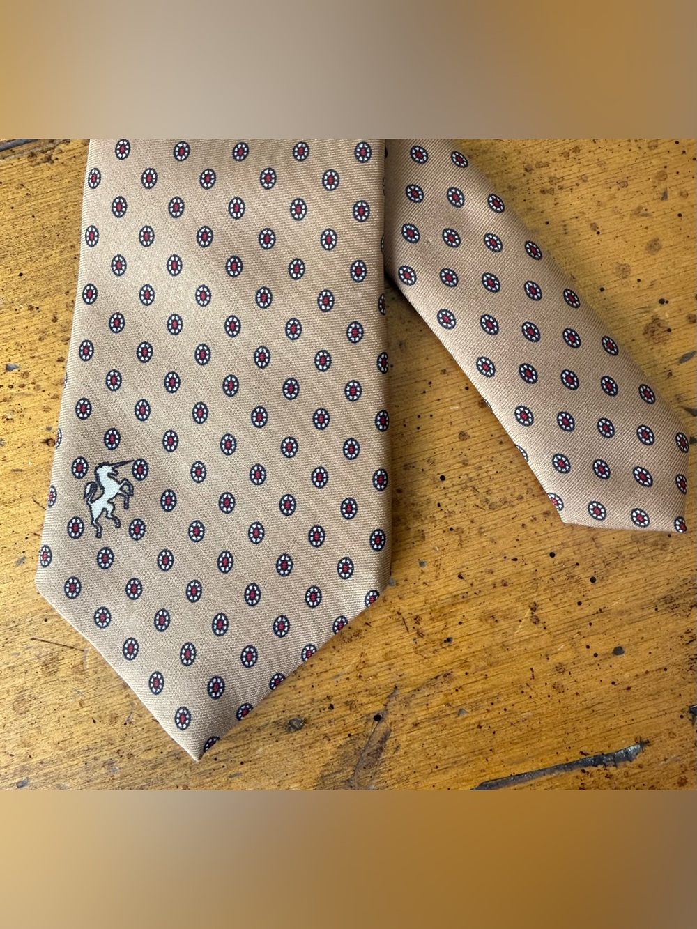 VINTAGE BRONZINI  Men's beige neck tie, iconic unicorn logo.